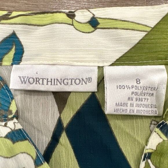 Worthington Women's Size 8 Y2K Babydoll Top‎ Blouse Green Floral 70s Print Sheer - Picture 6 of 8